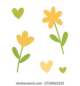 Flores e corações decorativos definidos expressando amor, bondade e felicidade, ideais para cartões de felicitações, designs de primavera, blogs românticos e visuais alegres.