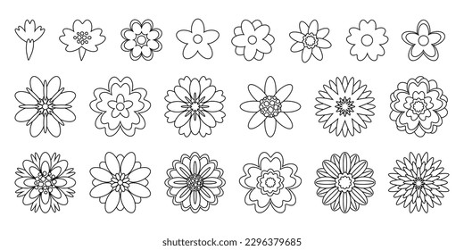 Decorative flowers icon set. Spring summer collection. Vector isolated design elements for coloring page. Black and white line pictograms. Floral symbol, logo. tattoo.