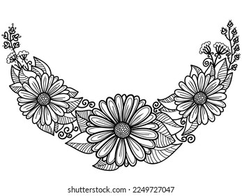 Decorative Flowers illustration. Vector hand drawn floral chamomiles and leaves isolated on white background for coloring books, print.