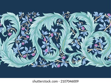 Decorative flowers and leaves in art nouveau style, vintage, old, retro style. Seamless pattern, background. Vector illustration.