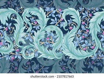 Decorative flowers and leaves in art nouveau style, vintage, old, retro style. Seamless pattern, background. Vector illustration.