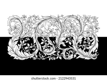 Decorative flowers and leaves in art nouveau style, vintage, old, retro style. Clip art, set of elements for design Vector illustration.