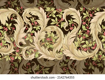 Decorative flowers and leaves in art nouveau style, vintage, old, retro style. Seamless pattern, background. Vector illustration.