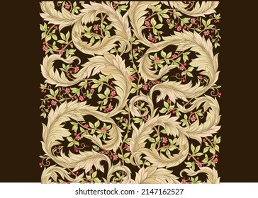 Decorative flowers and leaves in art nouveau style, vintage, old, retro style. Seamless pattern, background. Vector illustration.