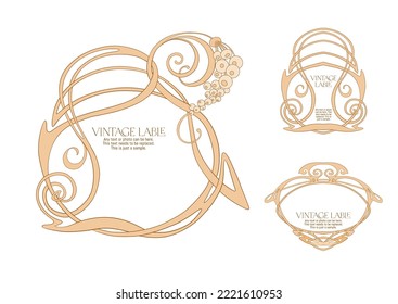 Decorative flowers and leaves in art nouveau style, vintage, old, retro style. Border, frame, template for product label, cosmetic packaging. Easy to edit. Vector illustration.