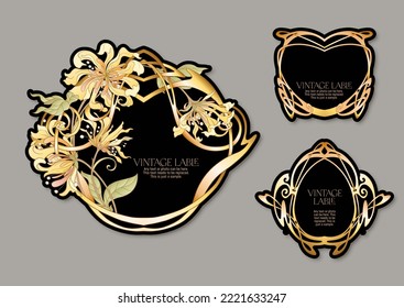Decorative flowers and leaves in art nouveau style, vintage, old, retro style. Border, frame, template for product label, cosmetic packaging. Easy to edit. Vector illustration.