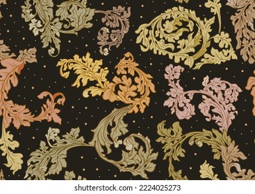 Decorative flowers and leaves in art nouveau style, vintage, old, baroque style. Seamless pattern, background. Vector illustration.