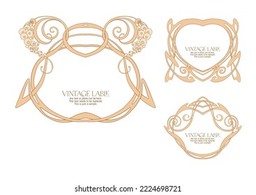 Decorative flowers and leaves in art nouveau style, vintage, old, retro style. Border, frame, template for product label, cosmetic packaging. Easy to edit. Vector illustration.