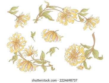 Decorative flowers and leaves in art nouveau style, vintage, old, retro style. Clip art, set of elements for design Vector illustration.