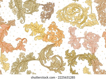 Decorative flowers and leaves in art nouveau style, vintage, old, baroque style. Seamless pattern, background. Vector illustration.