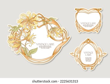 Decorative flowers and leaves in art nouveau style, vintage, old, retro style. Border, frame, template for product label, cosmetic packaging. Easy to edit. Vector illustration.