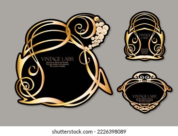 Decorative flowers and leaves in art nouveau style, vintage, old, retro style. Border, frame, template for product label, cosmetic packaging. Easy to edit. Vector illustration.