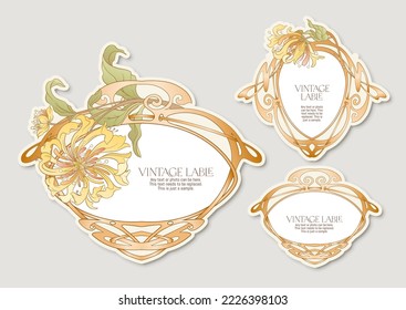 Decorative flowers and leaves in art nouveau style, vintage, old, retro style. Border, frame, template for product label, cosmetic packaging. Easy to edit. Vector illustration.