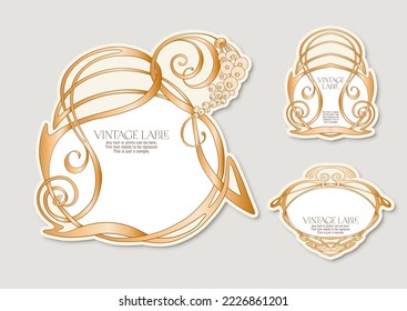 Decorative flowers and leaves in art nouveau style, vintage, old, retro style. Border, frame, template for product label, cosmetic packaging. Easy to edit. Vector illustration.