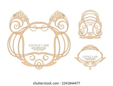 Decorative flowers and leaves in art nouveau style, vintage, old, retro style. Border, frame, template for product label, cosmetic packaging. Easy to edit. Vector illustration.