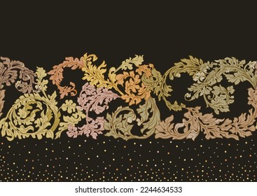 Decorative flowers and leaves in art nouveau style, vintage, old, baroque style. Seamless pattern, background. Vector illustration.