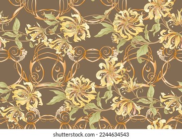 Decorative flowers and leaves in art nouveau style, vintage, old, retro style. Seamless pattern, background. Vector illustration.