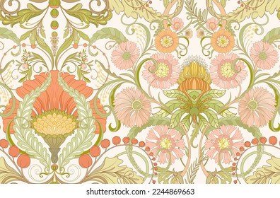 Decorative flowers and leaves in art nouveau style, vintage, old, retro style. Seamless pattern, background. Vector illustration.