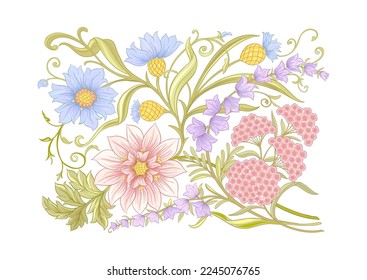Decorative flowers and leaves in art nouveau style, vintage, old, retro style. Clip art, set of elements for design Vector illustration.