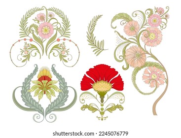 Decorative flowers and leaves in art nouveau style, vintage, old, retro style. Vector illustration. Clip art, set of elements for design