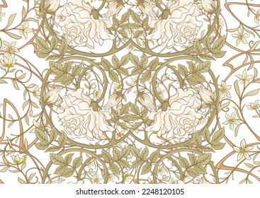 Decorative flowers and leaves in art nouveau style, vintage, old, retro style. Seamless pattern, background. Vector illustration. In art nouveau style, vintage, old, retro style.