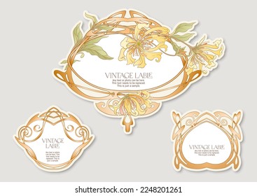 Decorative flowers and leaves in art nouveau style, vintage, old, retro style. Border, frame, template for product label, cosmetic packaging. Easy to edit. Vector illustration.