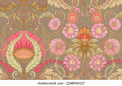 Decorative flowers and leaves in art nouveau style, vintage, old, retro style. Seamless pattern, background. Vector illustration.