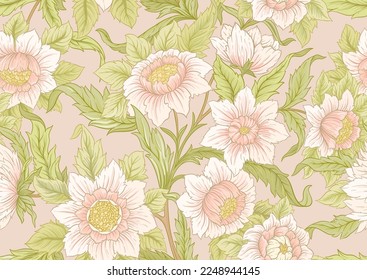 Decorative flowers and leaves in art nouveau style, vintage, old, retro style. Seamless pattern, background. Vector illustration.