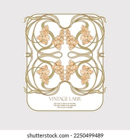 Decorative flowers and leaves in art nouveau style, vintage, old, retro style. Border, frame, template for product label, cosmetic packaging. Easy to edit. Vector illustration. In art nouveau style.