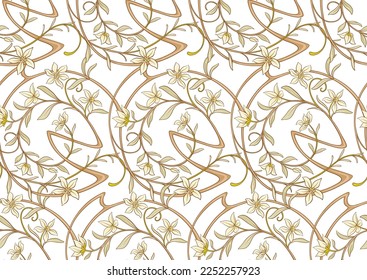 Decorative flowers and leaves in art nouveau style, vintage, old, retro style. Seamless pattern, background. Vector illustration. In art nouveau style, vintage, old, retro style.