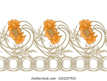 Decorative flowers and leaves in art nouveau style, vintage, old, retro style. Seamless border pattern, linear ornament, ribbon Vector illustration. In art nouveau style, vintage, old, retro style.