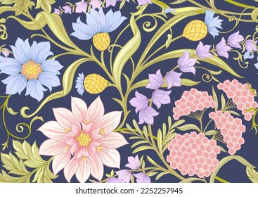 Decorative flowers and leaves in art nouveau style, vintage, old, retro style. Seamless pattern, background. Vector illustration.