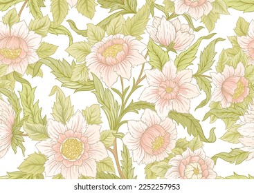 Decorative flowers and leaves in art nouveau style, vintage, old, retro style. Seamless pattern, background. Vector illustration.