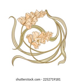 Decorative flowers and leaves in art nouveau style, vintage, old, retro style. Clip art, set of elements for design Vector illustration.