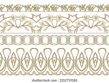 Decorative flowers and leaves in art nouveau style, vintage, old, retro style. Seamless border pattern, linear ornament, ribbon Vector illustration. In art nouveau style, vintage, old, retro style.