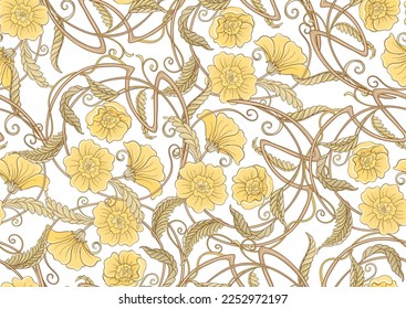 Dekorative Blumen und Blätter im Jugendstil, Vintage, alt, Retro-Stil. Nahtloses Muster, Hintergrund. Vektorgrafik. Im Art Nouveau Stil, Vintage, alt, Retro-Stil.