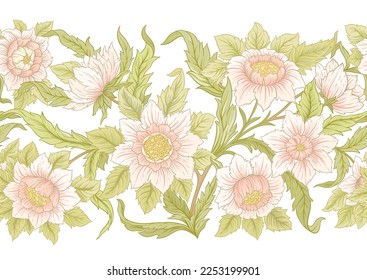 Decorative flowers and leaves in art nouveau style, vintage, old, retro style. Seamless pattern, background. Vector illustration.
