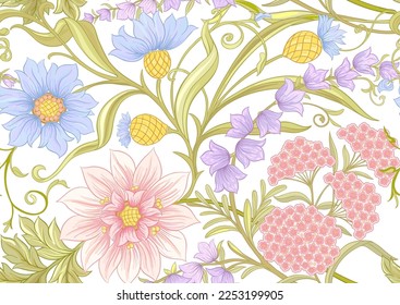 Decorative flowers and leaves in art nouveau style, vintage, old, retro style. Seamless pattern, background. Vector illustration.