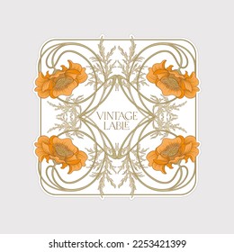 Decorative flowers and leaves in art nouveau style, vintage, old, retro style. Border, frame, template for product label, cosmetic packaging. Easy to edit. Vector illustration. In art nouveau style.