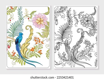 Decorative flowers and leaves in art nouveau style, vintage, old, retro style. Vector illustration. Coloring page for the adult coloring book with colored sample.