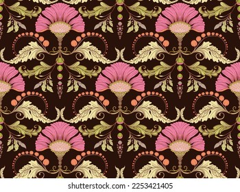 Decorative flowers and leaves in art nouveau style, vintage, old, retro style. Seamless pattern, background. Vector illustration.