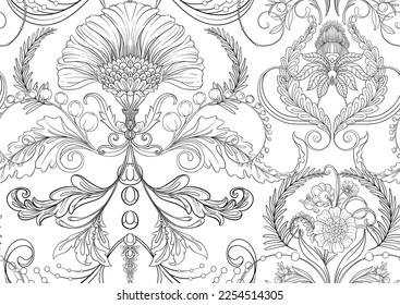 Decorative flowers and leaves in art nouveau style, vintage, old, retro style. Seamless pattern, background. Vector illustration. Seamless pattern, background.