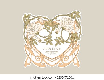 Decorative flowers and leaves in art nouveau style, vintage, old, retro style. Border, frame, template for product label, cosmetic packaging. Easy to edit. Vector illustration. In art nouveau style.