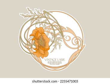 Decorative flowers and leaves in art nouveau style, vintage, old, retro style. Border, frame, template for product label, cosmetic packaging. Easy to edit. Vector illustration. In art nouveau style.