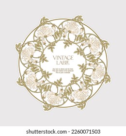 Decorative flowers and leaves in art nouveau style, vintage, old, retro style. Border, frame, template for product label, cosmetic packaging. Easy to edit. Vector illustration. In art nouveau style.