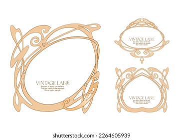 Decorative flowers and leaves in art nouveau style, vintage, old, retro style. Border, frame, template for product label, cosmetic packaging. Easy to edit. Vector illustration.