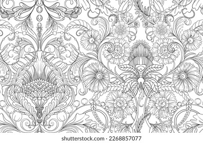 Decorative flowers and leaves in art nouveau style, vintage, old, retro style. Seamless pattern, background. Vector illustration. Seamless pattern, background.