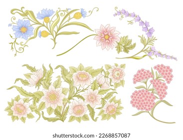 Decorative flowers and leaves in art nouveau style, vintage, old, retro style. Clip art, set of elements for design Vector illustration.