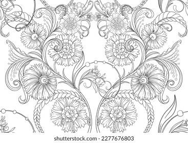 Decorative flowers and leaves in art nouveau style, vintage, old, retro style. Seamless pattern, background. Vector illustration. Seamless pattern, background.