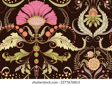 Decorative flowers and leaves in art nouveau style, vintage, old, retro style. Seamless pattern, background. Vector illustration.